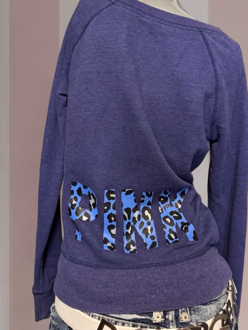 PINK Victorias Secret Y2K Navy Crewneck W/ Leopard Print Logo